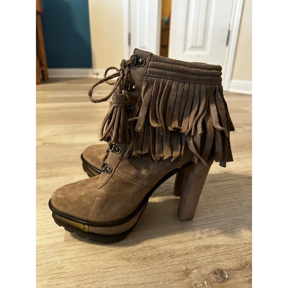 B Brian Atwood Womens Lace Up Platform Fringe Booties Brown Suede Size 9 - Picture 2 of 5